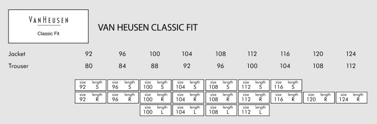Van Heusen Classic Fit Suit and Trouser Size Grids