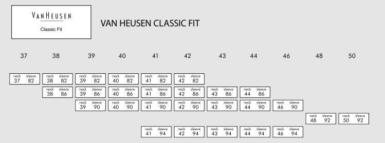 Van Heusen Classic Fit Shirts Size Grids