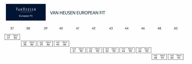 Van Heusen European Fit Shirts Size Grids